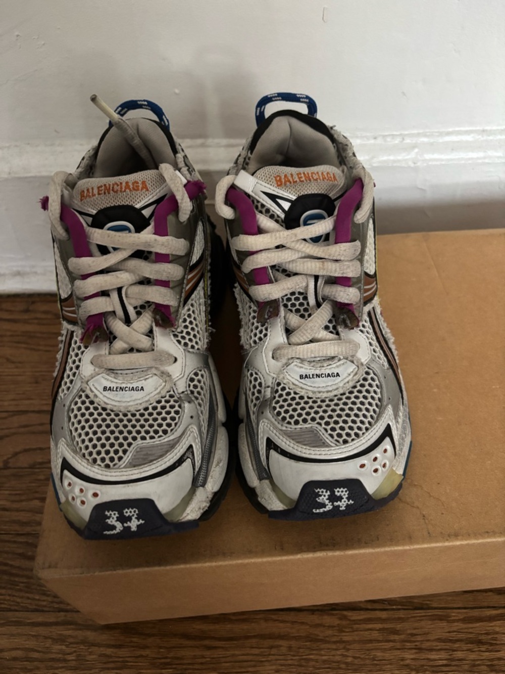 Balenciaga Women White, Purple & Blue Multi-Panel Sneakers